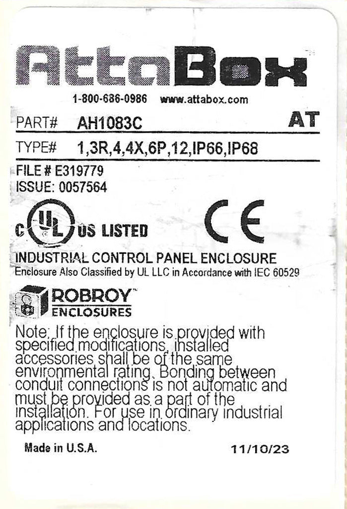 AttaBox Heartland SL series enclosure, NEMA 1/3R/4/4X/12, 10 x 8 x 3in (HxWxD), wall mount, polycarbonate, Pantone 7541 C light gray, smoked polycarbonate single-door, polycarbonate quick-release latch.-AH1083C