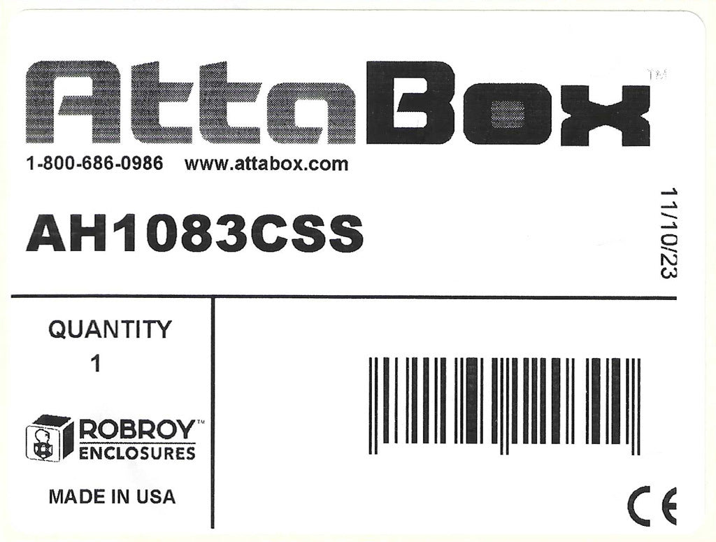 AttaBox Heartland SL series enclosure, NEMA 1/3R/4/4X/12, 10 x 8 x 3in (HxWxD), wall mount, polycarbonate, Pantone 7541 C light gray, smoked polycarbonate single-door, stainless steel quick-release latch.-AH1083CSS