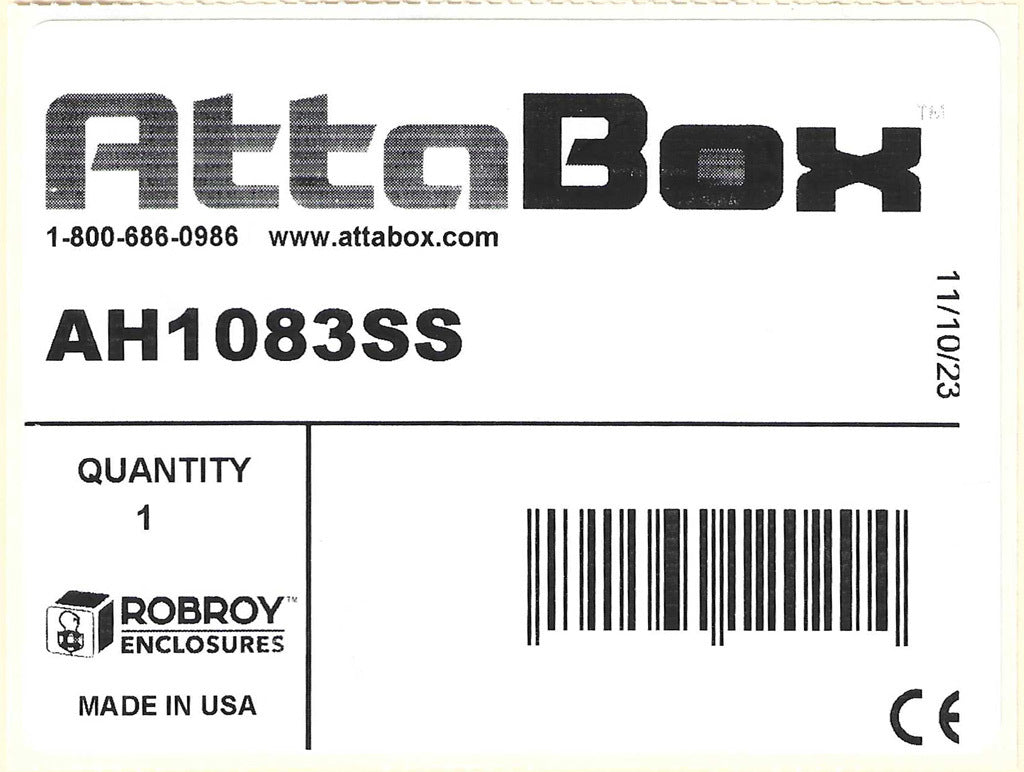 AttaBox Heartland SL series enclosure, NEMA 1/3R/4/4X/12, 10 x 8 x 3in (HxWxD), wall mount, polycarbonate, Pantone 7541 C light gray, single-door, stainless steel quick-release latch.-AH1083SS