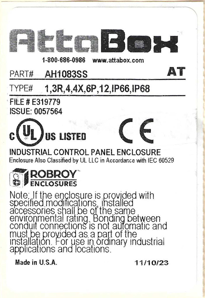 AttaBox Heartland SL series enclosure, NEMA 1/3R/4/4X/12, 10 x 8 x 3in (HxWxD), wall mount, polycarbonate, Pantone 7541 C light gray, single-door, stainless steel quick-release latch.-AH1083SS