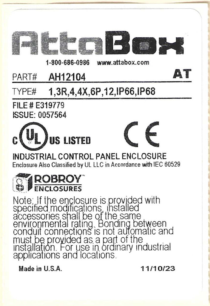AttaBox Heartland SL series enclosure, NEMA 1/3R/4/4X/12, 12 x 10 x 4in (HxWxD), wall mount, polycarbonate, Pantone 7541 C light gray, single-door, polycarbonate quick-release latch.-AH12104