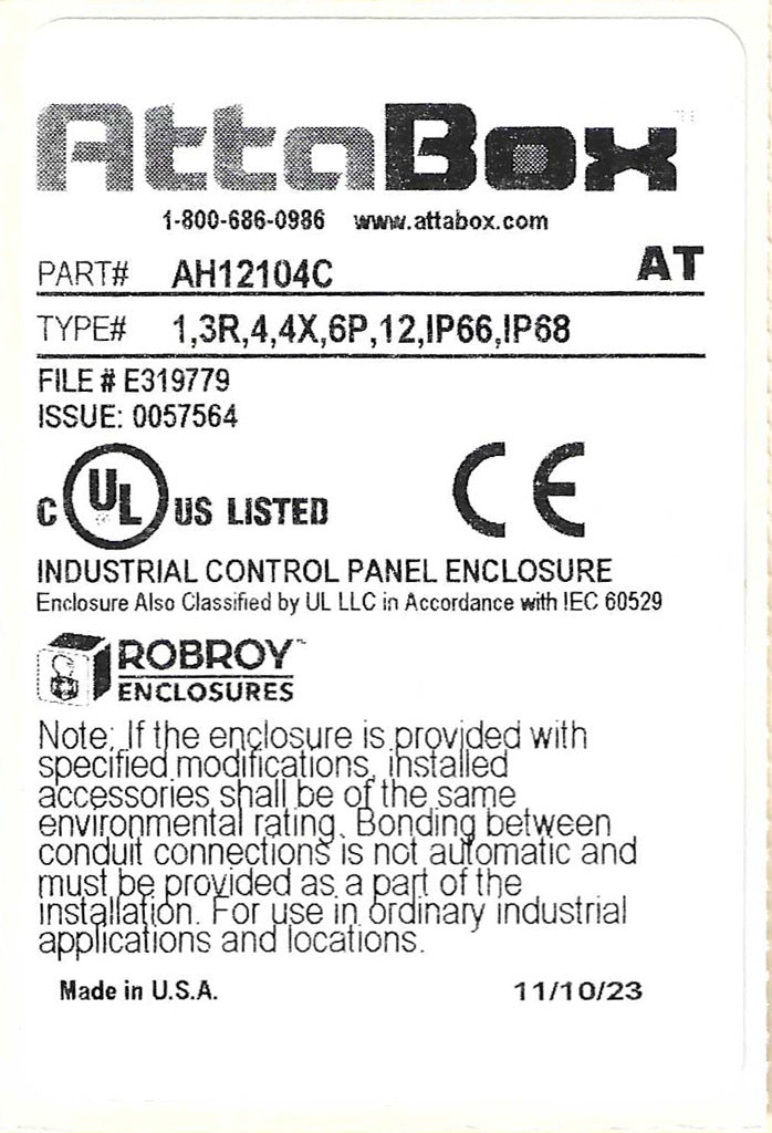 AttaBox Heartland SL series enclosure, NEMA 1/3R/4/4X/12, 12 x 10 x 4in (HxWxD), wall mount, polycarbonate, Pantone 7541 C light gray, smoked polycarbonate single-door, polycarbonate quick-release latch.-AH12104C