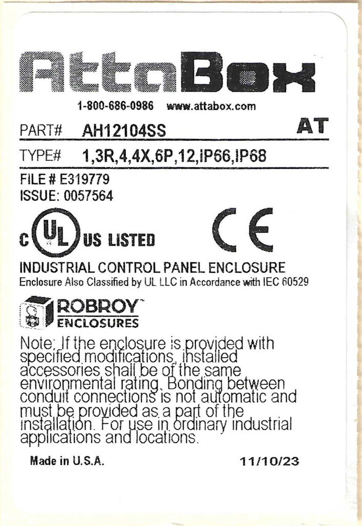 AttaBox Heartland SL series enclosure, NEMA 1/3R/4/4X/12, 12 x 10 x 4in (HxWxD), wall mount, polycarbonate, Pantone 7541 C light gray, single-door, stainless steel quick-release latch.-AH12104SS