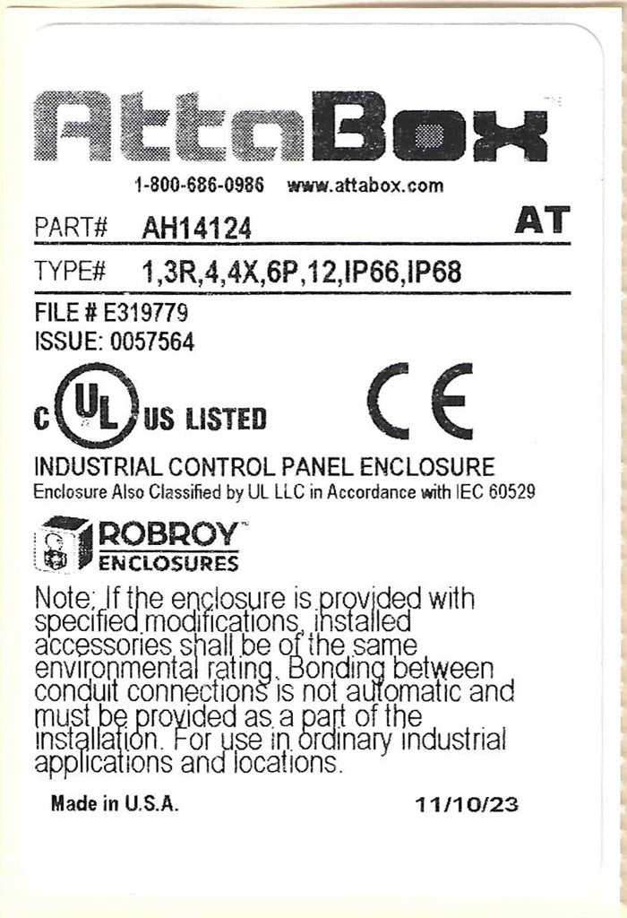 AttaBox Heartland SL series enclosure, NEMA 1/3R/4/4X/12, 14 x 12 x 4in (HxWxD), wall mount, polycarbonate, Pantone 7541 C light gray, single-door, polycarbonate quick-release latch.-AH14124