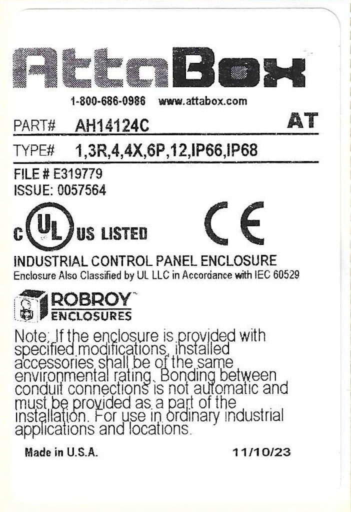 AttaBox Heartland SL series enclosure, NEMA 1/3R/4/4X/12, 14 x 12 x 4in (HxWxD), wall mount, polycarbonate, Pantone 7541 C light gray, smoked polycarbonate single-door, polycarbonate quick-release latch.-AH14124C