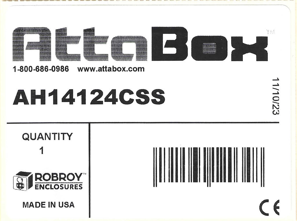 AttaBox Heartland SL series enclosure, NEMA 1/3R/4/4X/12, 14 x 12 x 4in (HxWxD), wall mount, polycarbonate, Pantone 7541 C light gray, smoked polycarbonate single-door, stainless steel quick-release latch.-AH14124CSS