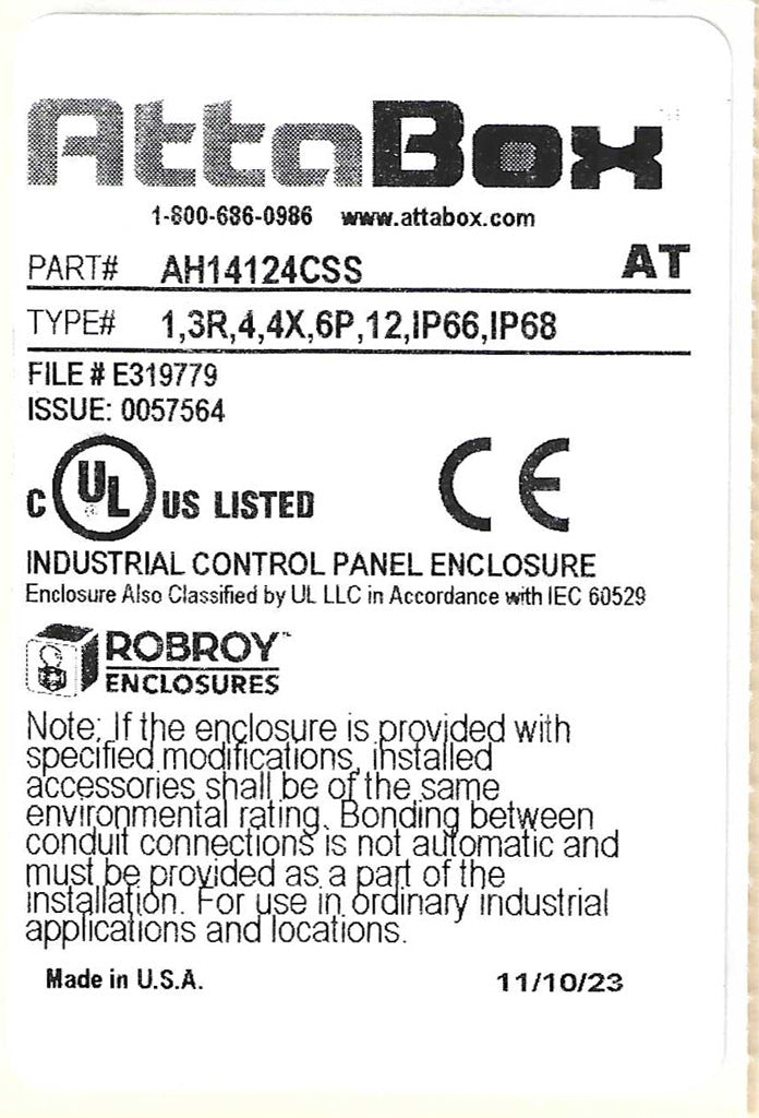 AttaBox Heartland SL series enclosure, NEMA 1/3R/4/4X/12, 14 x 12 x 4in (HxWxD), wall mount, polycarbonate, Pantone 7541 C light gray, smoked polycarbonate single-door, stainless steel quick-release latch.-AH14124CSS