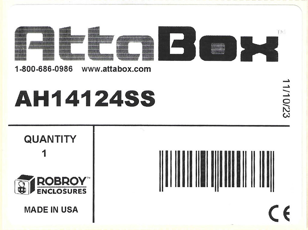 AttaBox Heartland SL series enclosure, NEMA 1/3R/4/4X/12, 14 x 12 x 4in (HxWxD), wall mount, polycarbonate, Pantone 7541 C light gray, single-door, stainless steel quick-release latch.-AH14124SS