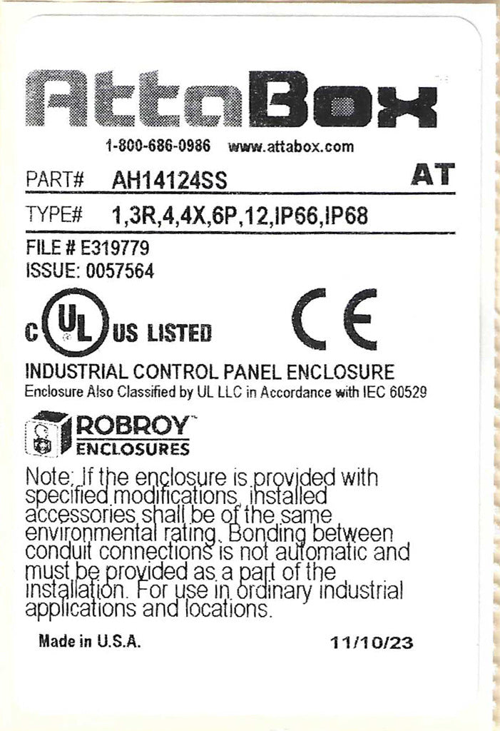 AttaBox Heartland SL series enclosure, NEMA 1/3R/4/4X/12, 14 x 12 x 4in (HxWxD), wall mount, polycarbonate, Pantone 7541 C light gray, single-door, stainless steel quick-release latch.-AH14124SS
