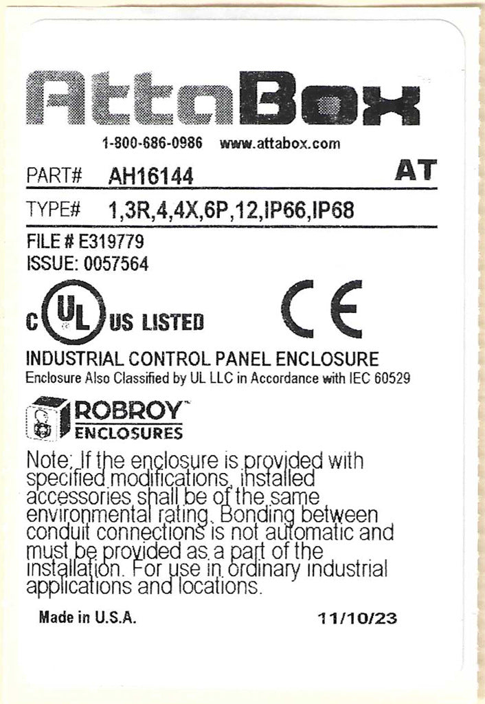 AttaBox Heartland SL series enclosure, NEMA 1/3R/4/4X/12, 16 x 14 x 4in (HxWxD), wall mount, polycarbonate, Pantone 7541 C light gray, single-door, polycarbonate quick-release latch.-AH16144