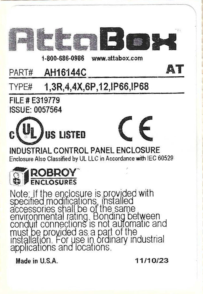AttaBox Heartland SL series enclosure, NEMA 1/3R/4/4X/12, 16 x 14 x 4in (HxWxD), wall mount, polycarbonate, Pantone 7541 C light gray, smoked polycarbonate single-door, polycarbonate quick-release latch.-AH16144C