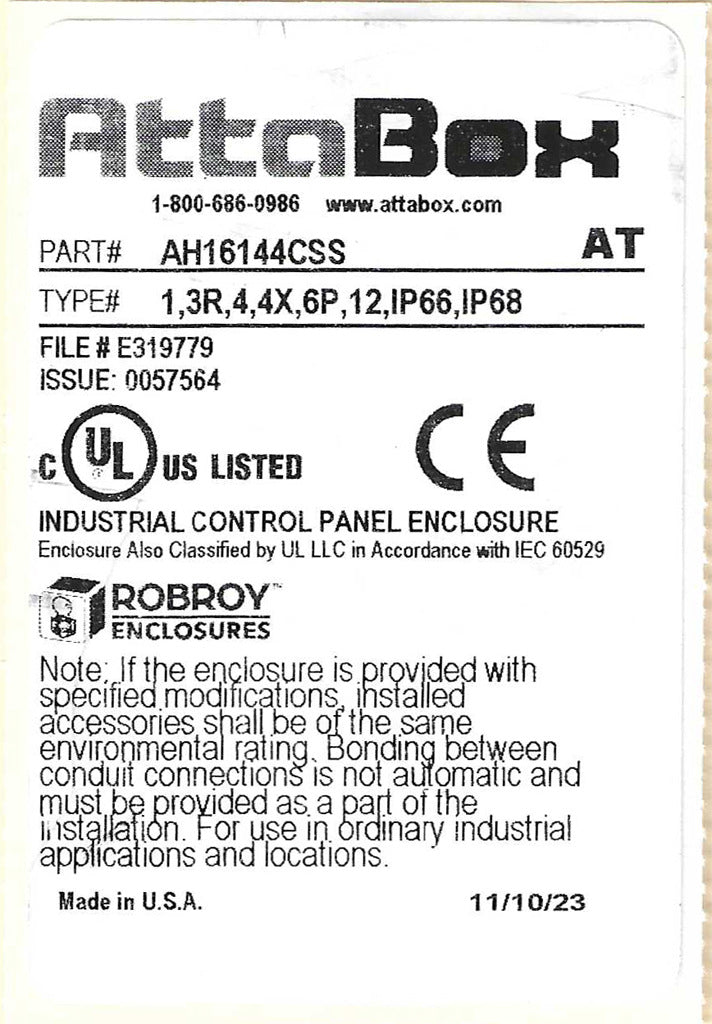 AttaBox Heartland SL series enclosure, NEMA 1/3R/4/4X/12, 16 x 14 x 4in (HxWxD), wall mount, polycarbonate, Pantone 7541 C light gray, smoked polycarbonate single-door, stainless steel quick-release latch.-AH16144CSS
