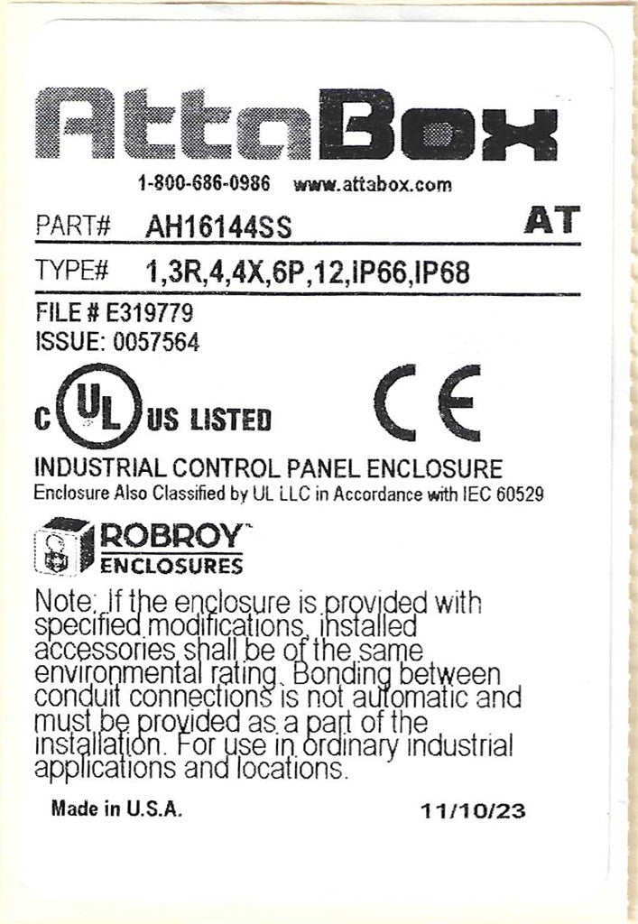 AttaBox Heartland SL series enclosure, NEMA 1/3R/4/4X/12, 16 x 14 x 4in (HxWxD), wall mount, polycarbonate, Pantone 7541 C light gray, single-door, stainless steel quick-release latch.-AH16144SS