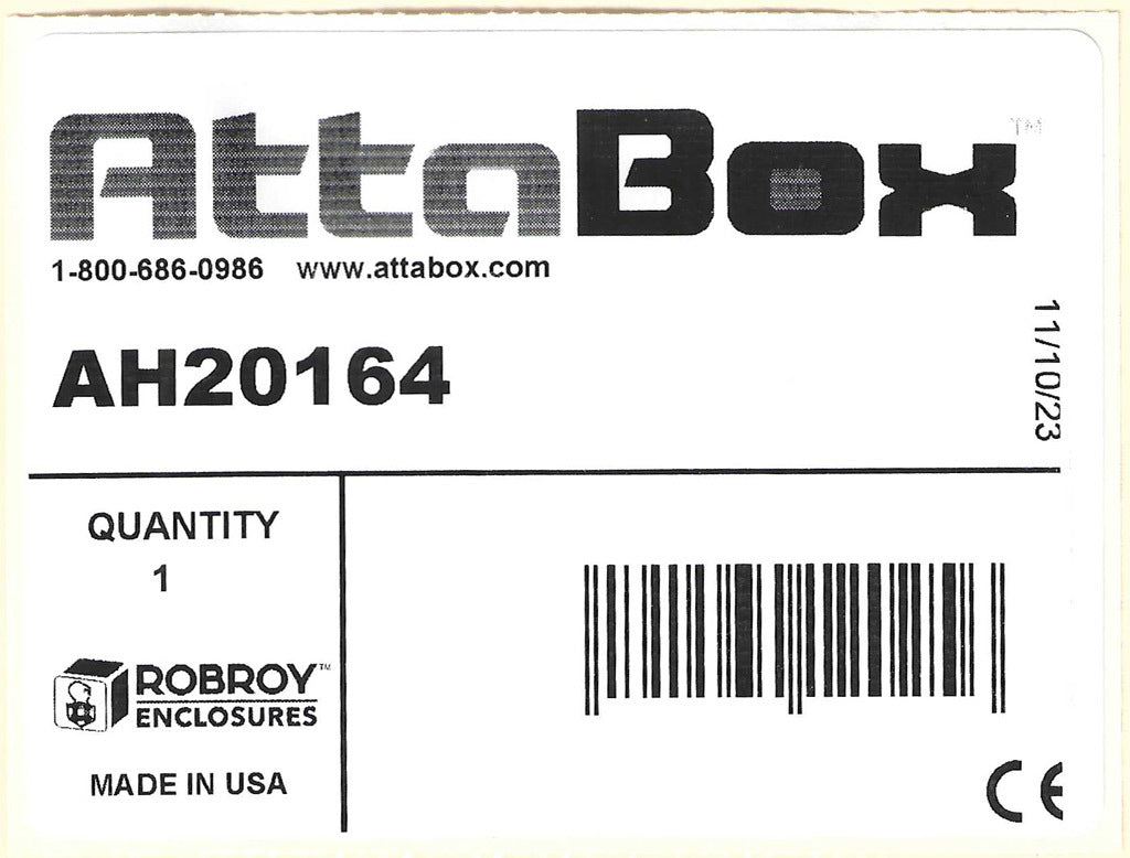 AttaBox Heartland SL series enclosure, NEMA 1/3R/4/4X/12, 20 x 16 x 4in (HxWxD), wall mount, polycarbonate, Pantone 7541 C light gray, single-door, polycarbonate quick-release latch.-AH20164
