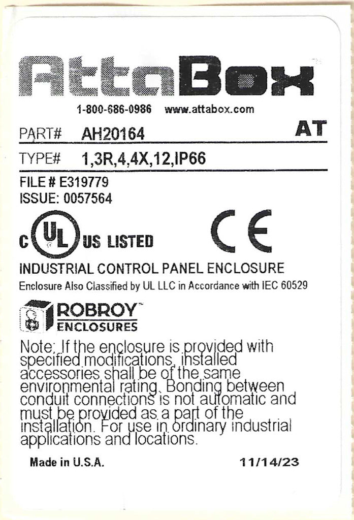 AttaBox Heartland SL series enclosure, NEMA 1/3R/4/4X/12, 20 x 16 x 4in (HxWxD), wall mount, polycarbonate, Pantone 7541 C light gray, single-door, polycarbonate quick-release latch.-AH20164