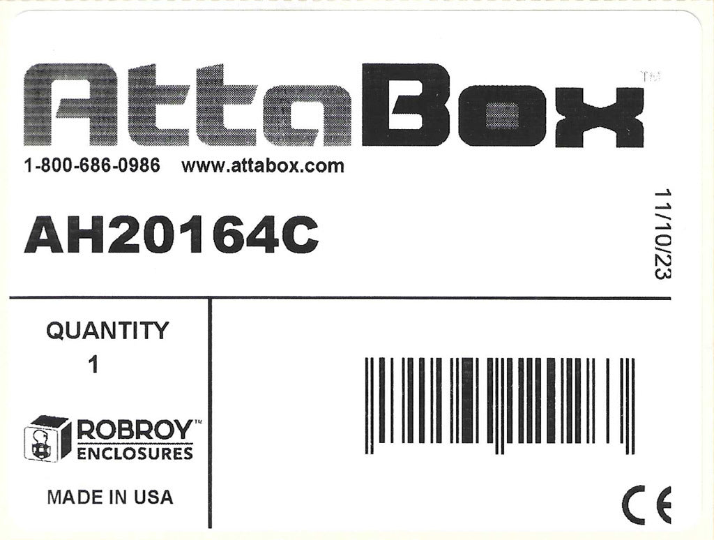 AttaBox Heartland SL series enclosure, NEMA 1/3R/4/4X/12, 20 x 16 x 4in (HxWxD), wall mount, polycarbonate, Pantone 7541 C light gray, smoked polycarbonate single-door, polycarbonate quick-release latch.-AH20164C
