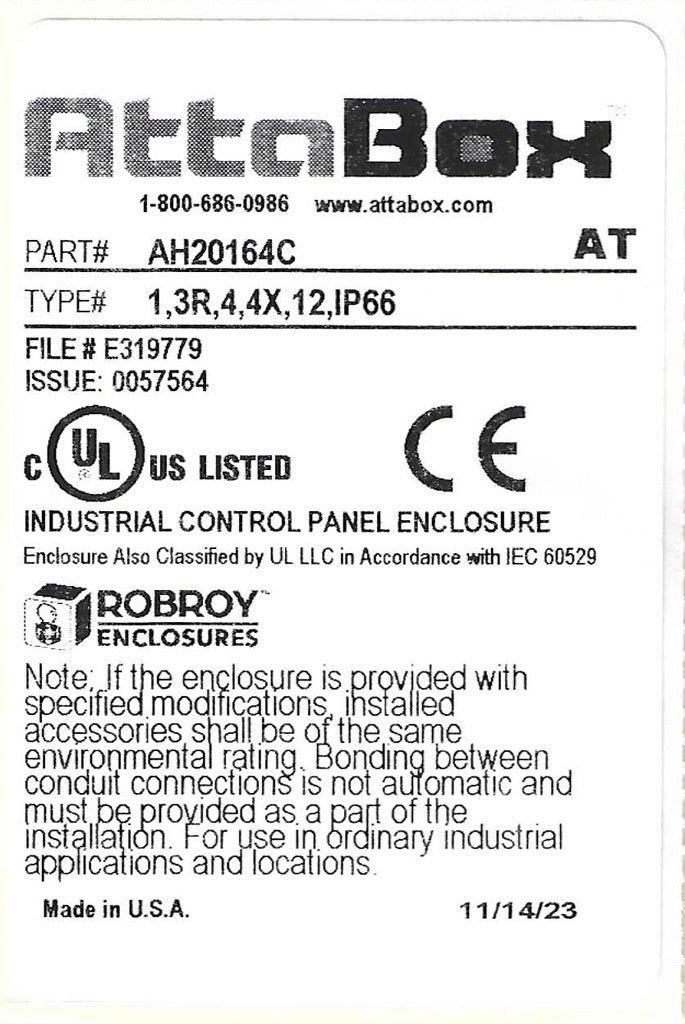 AttaBox Heartland SL series enclosure, NEMA 1/3R/4/4X/12, 20 x 16 x 4in (HxWxD), wall mount, polycarbonate, Pantone 7541 C light gray, smoked polycarbonate single-door, polycarbonate quick-release latch.-AH20164C