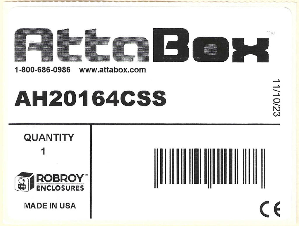 AttaBox Heartland SL series enclosure, NEMA 1/3R/4/4X/12, 20 x 16 x 4in (HxWxD), wall mount, polycarbonate, Pantone 7541 C light gray, smoked polycarbonate single-door, stainless steel quick-release latch.-AH20164CSS