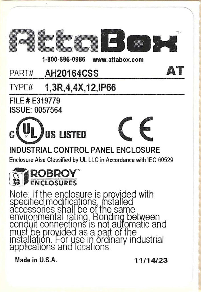 AttaBox Heartland SL series enclosure, NEMA 1/3R/4/4X/12, 20 x 16 x 4in (HxWxD), wall mount, polycarbonate, Pantone 7541 C light gray, smoked polycarbonate single-door, stainless steel quick-release latch.-AH20164CSS