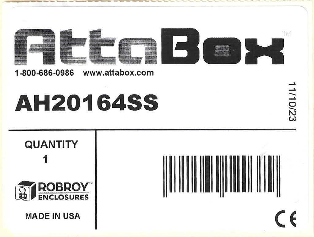 AttaBox Heartland SL series enclosure, NEMA 1/3R/4/4X/12, 20 x 16 x 4in (HxWxD), wall mount, polycarbonate, Pantone 7541 C light gray, single-door, stainless steel quick-release latch.-AH20164SS