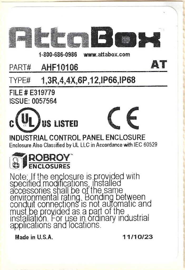 AttaBox Heartland series enclosure, NEMA 1/3R/4/4X/12, 10 x 10 x 6in (HxWxD), wall mount, polycarbonate, Pantone 7541 C light gray, single-door, polycarbonate quick-release latch.-AHF10106