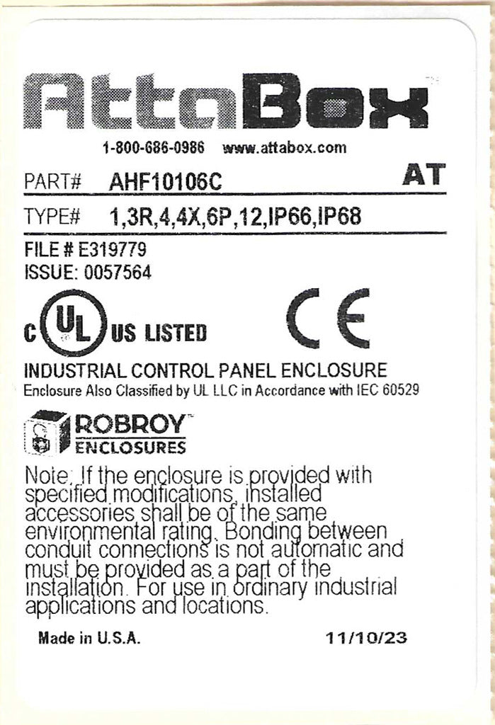 AttaBox Heartland series enclosure, NEMA 1/3R/4/4X/12, 10 x 10 x 6in (HxWxD), wall mount, polycarbonate, Pantone 7541 C light gray, smoked polycarbonate single-door, polycarbonate quick-release latch.-AHF10106C