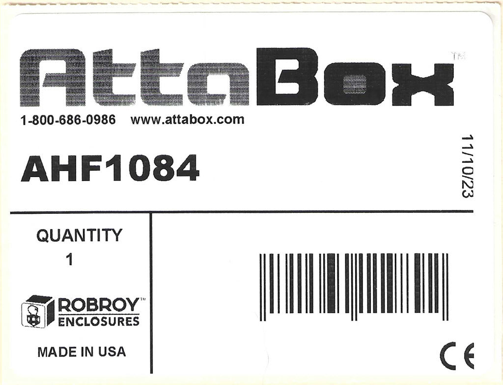 AttaBox Heartland series enclosure, NEMA 1/3R/4/4X/12, 10 x 8 x 4in (HxWxD), wall mount, polycarbonate, Pantone 7541 C light gray, single-door, polycarbonate quick-release latch.-AHF1084