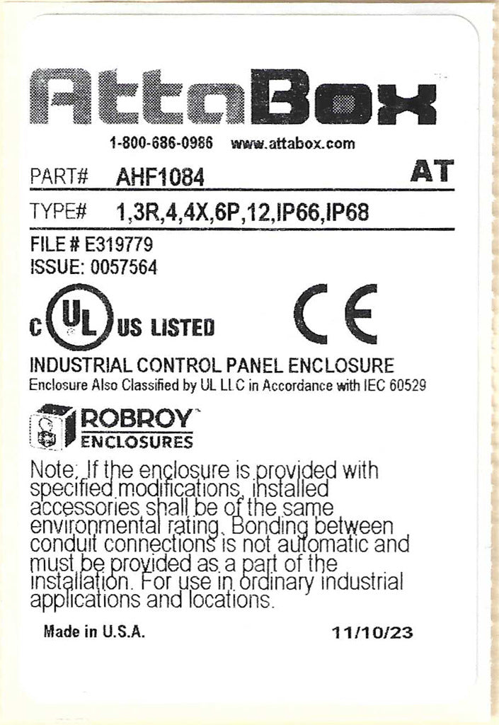 AttaBox Heartland series enclosure, NEMA 1/3R/4/4X/12, 10 x 8 x 4in (HxWxD), wall mount, polycarbonate, Pantone 7541 C light gray, single-door, polycarbonate quick-release latch.-AHF1084