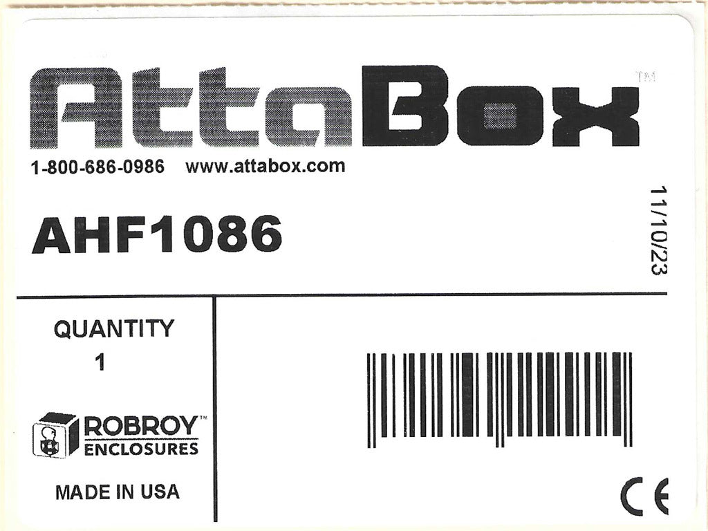 AttaBox Heartland series enclosure, NEMA 1/3R/4/4X/12, 10 x 8 x 6in (HxWxD), wall mount, polycarbonate, Pantone 7541 C light gray, single-door, polycarbonate quick-release latch.-AHF1086