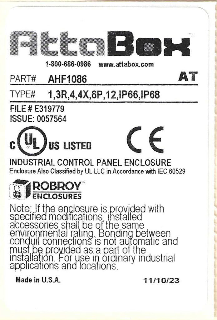 AttaBox Heartland series enclosure, NEMA 1/3R/4/4X/12, 10 x 8 x 6in (HxWxD), wall mount, polycarbonate, Pantone 7541 C light gray, single-door, polycarbonate quick-release latch.-AHF1086