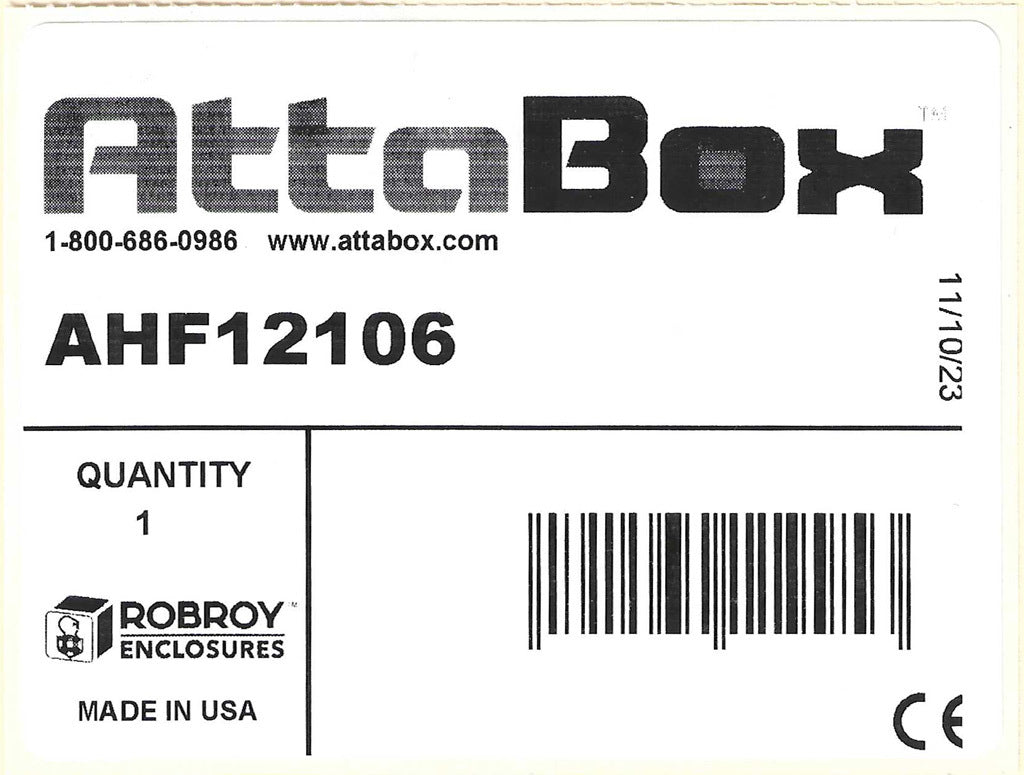 AttaBox Heartland series enclosure, NEMA 1/3R/4/4X/12, 12 x 10 x 6in (HxWxD), wall mount, polycarbonate, Pantone 7541 C light gray, single-door, polycarbonate quick-release latch.-AHF12106