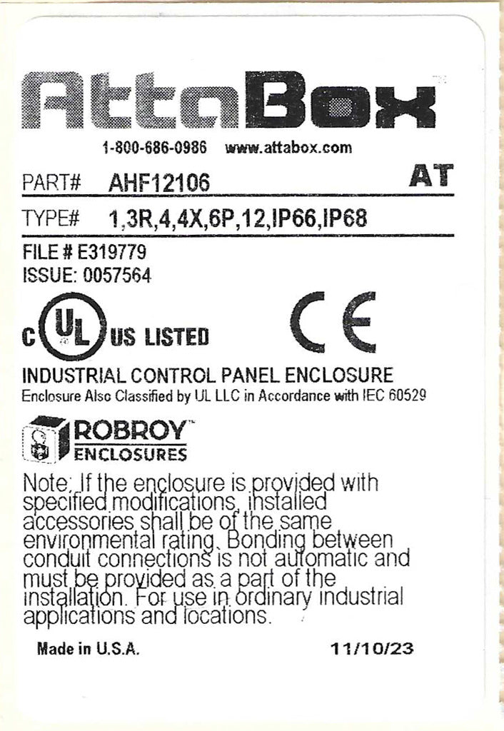 AttaBox Heartland series enclosure, NEMA 1/3R/4/4X/12, 12 x 10 x 6in (HxWxD), wall mount, polycarbonate, Pantone 7541 C light gray, single-door, polycarbonate quick-release latch.-AHF12106