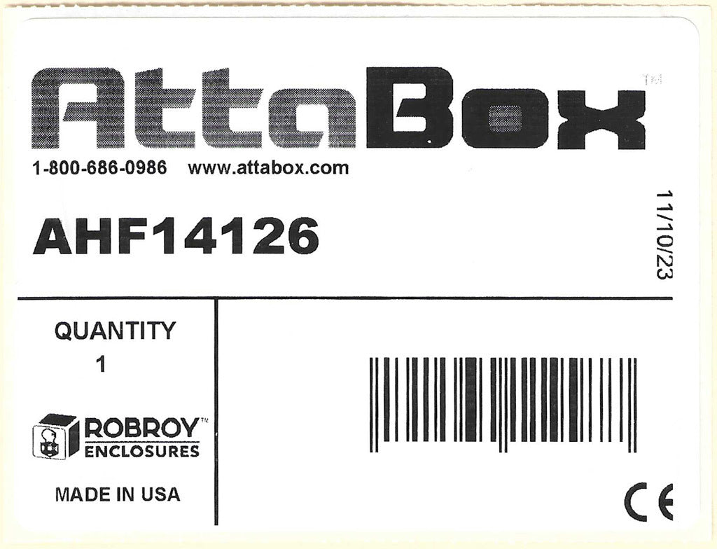 AttaBox Heartland series enclosure, NEMA 1/3R/4/4X/12, 14 x 12 x 6in (HxWxD), wall mount, polycarbonate, Pantone 7541 C light gray, single-door, polycarbonate quick-release latch.-AHF14126