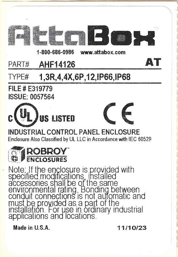 AttaBox Heartland series enclosure, NEMA 1/3R/4/4X/12, 14 x 12 x 6in (HxWxD), wall mount, polycarbonate, Pantone 7541 C light gray, single-door, polycarbonate quick-release latch.-AHF14126