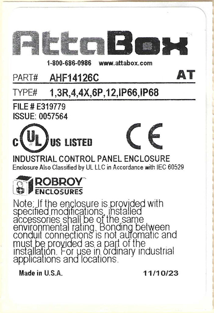 AttaBox Heartland series enclosure, NEMA 1/3R/4/4X/12, 14 x 12 x 6in (HxWxD), wall mount, polycarbonate, Pantone 7541 C light gray, smoked polycarbonate single-door, polycarbonate quick-release latch.-AHF14126C