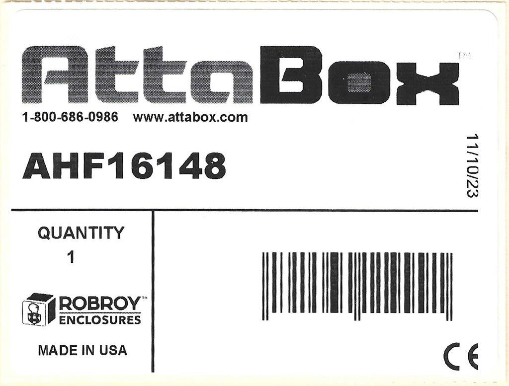 AttaBox Heartland series enclosure, NEMA 1/3R/4/4X/12, 16 x 14 x 8in (HxWxD), wall mount, polycarbonate, Pantone 7541 C light gray, single-door, polycarbonate quick-release latch.-AHF16148