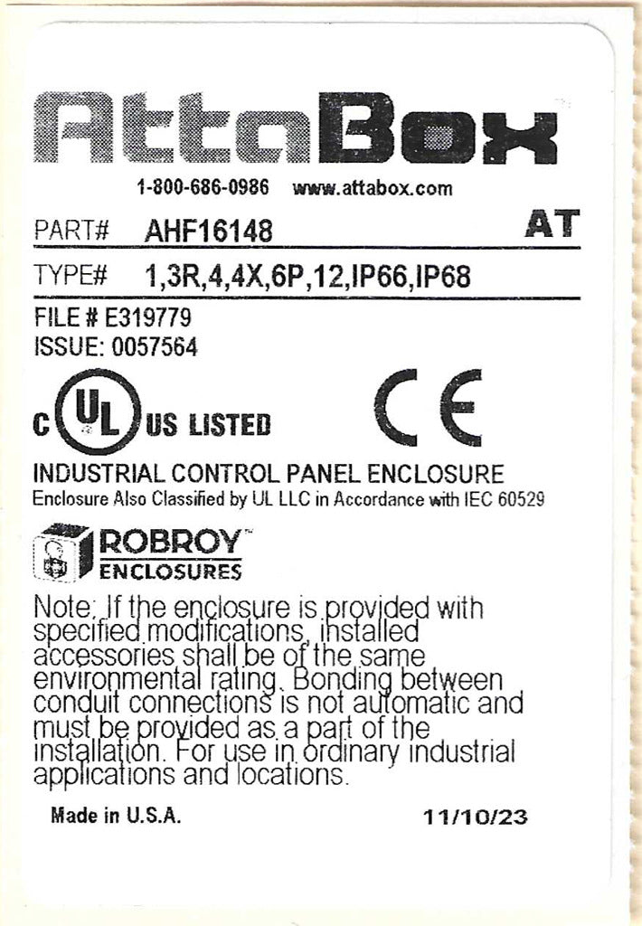 AttaBox Heartland series enclosure, NEMA 1/3R/4/4X/12, 16 x 14 x 8in (HxWxD), wall mount, polycarbonate, Pantone 7541 C light gray, single-door, polycarbonate quick-release latch.-AHF16148