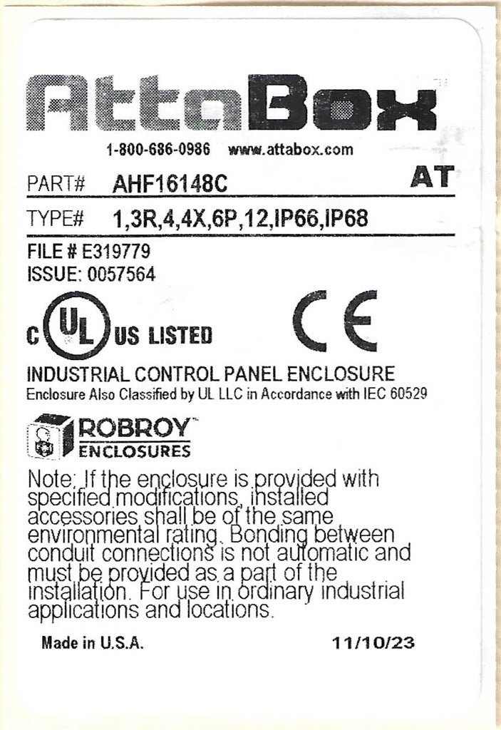 AttaBox Heartland series enclosure, NEMA 1/3R/4/4X/12, 16 x 14 x 8in (HxWxD), wall mount, polycarbonate, Pantone 7541 C light gray, smoked polycarbonate single-door, polycarbonate quick-release latch.-AHF16148C