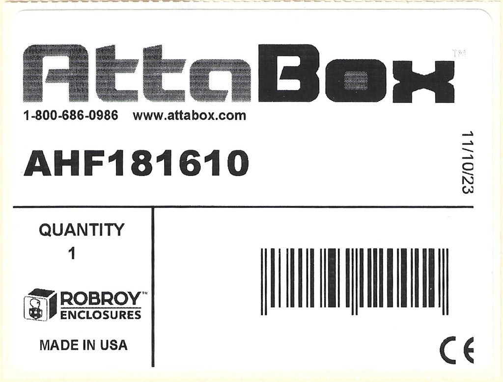 AttaBox Heartland series enclosure, NEMA 1/3R/4/4X/12, 18 x 16 x 10in (HxWxD), wall mount, polycarbonate, Pantone 7541 C light gray, single-door, polycarbonate quick-release latch.-AHF181610