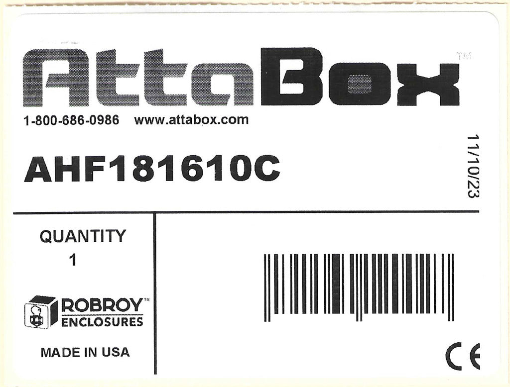 AttaBox Heartland series enclosure, NEMA 1/3R/4/4X/12, 18 x 16 x 10in (HxWxD), wall mount, polycarbonate, Pantone 7541 C light gray, smoked polycarbonate single-door, polycarbonate quick-release latch.-AHF181610C