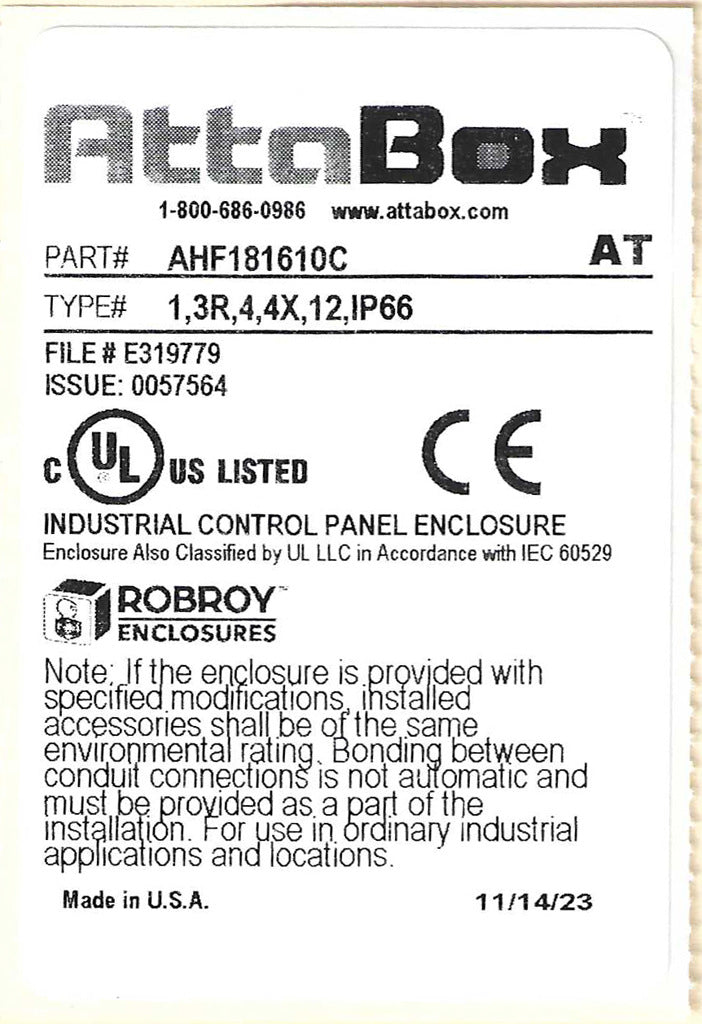 AttaBox Heartland series enclosure, NEMA 1/3R/4/4X/12, 18 x 16 x 10in (HxWxD), wall mount, polycarbonate, Pantone 7541 C light gray, smoked polycarbonate single-door, polycarbonate quick-release latch.-AHF181610C