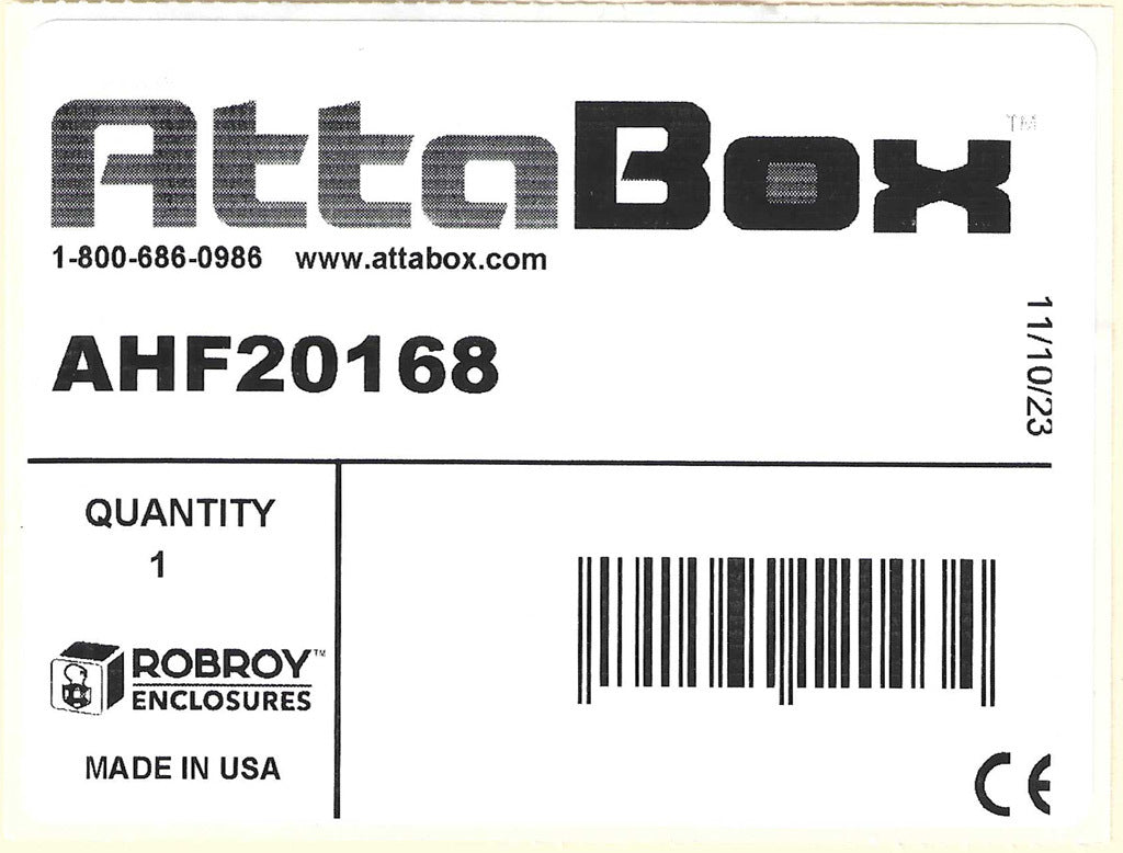 AttaBox Heartland series enclosure, NEMA 1/3R/4/4X/12, 20 x 16 x 8in (HxWxD), wall mount, polycarbonate, Pantone 7541 C light gray, single-door, polycarbonate quick-release latch.-AHF20168