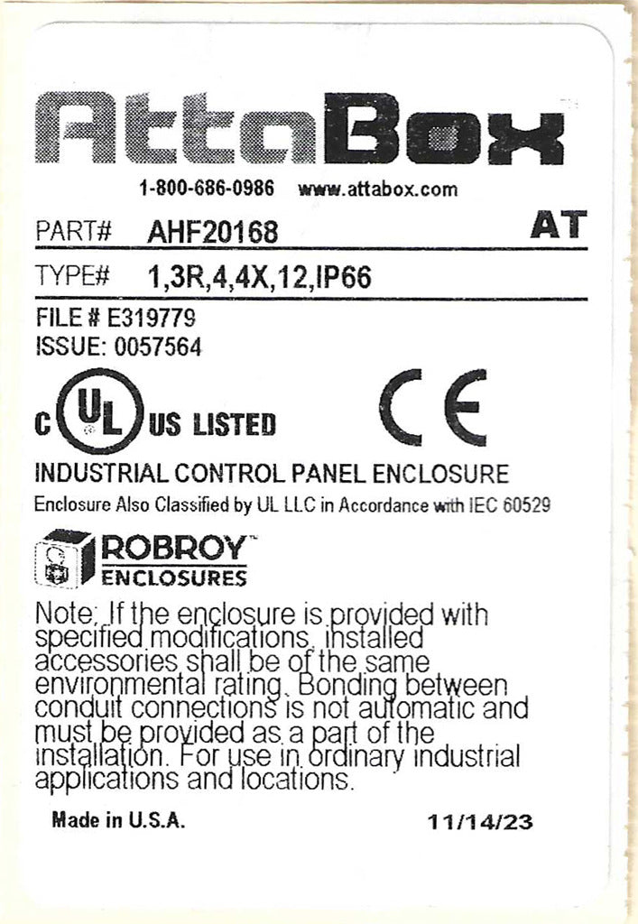 AttaBox Heartland series enclosure, NEMA 1/3R/4/4X/12, 20 x 16 x 8in (HxWxD), wall mount, polycarbonate, Pantone 7541 C light gray, single-door, polycarbonate quick-release latch.-AHF20168