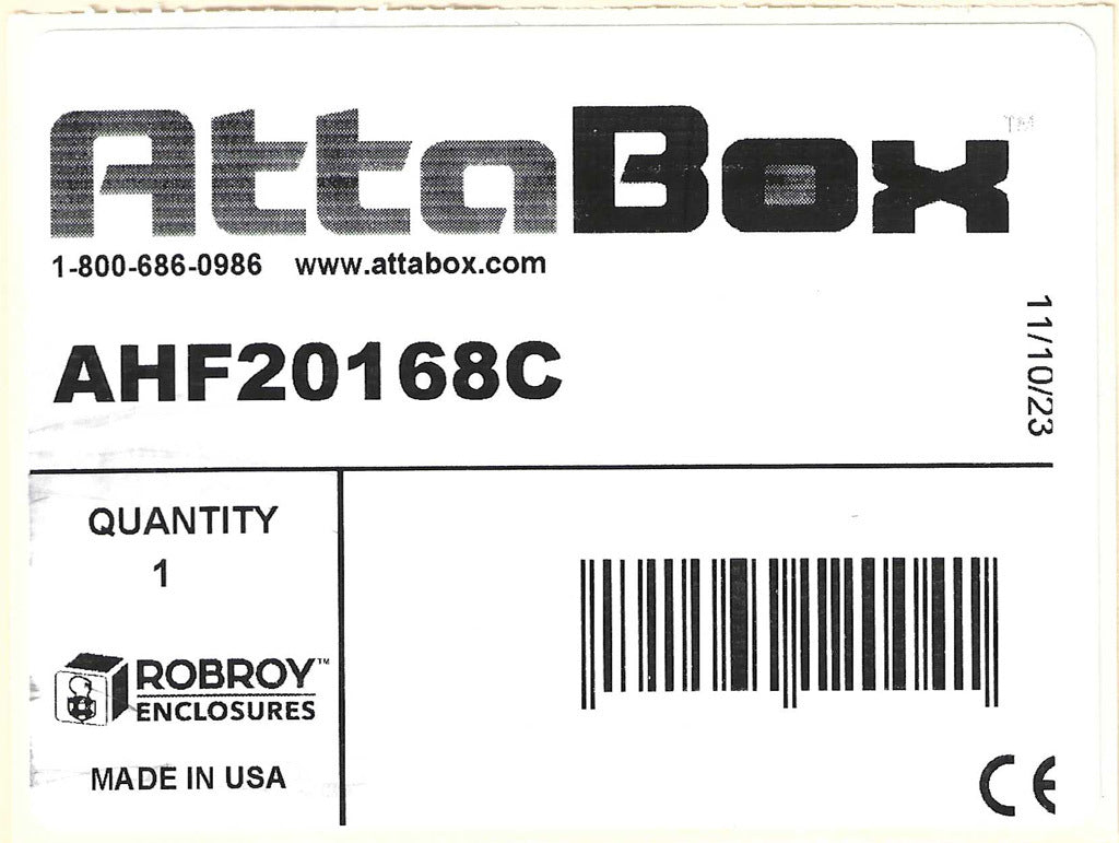 AttaBox Heartland series enclosure, NEMA 1/3R/4/4X/12, 20 x 16 x 8in (HxWxD), wall mount, polycarbonate, Pantone 7541 C light gray, smoked polycarbonate single-door, polycarbonate quick-release latch.-AHF20168C