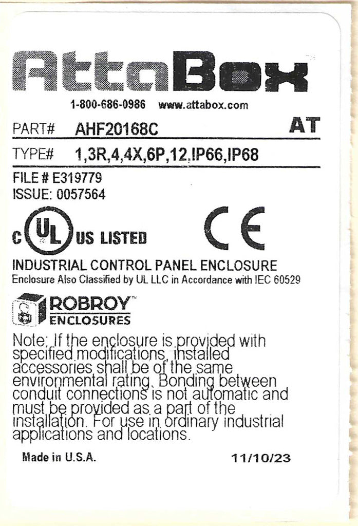 AttaBox Heartland series enclosure, NEMA 1/3R/4/4X/12, 20 x 16 x 8in (HxWxD), wall mount, polycarbonate, Pantone 7541 C light gray, smoked polycarbonate single-door, polycarbonate quick-release latch.-AHF20168C