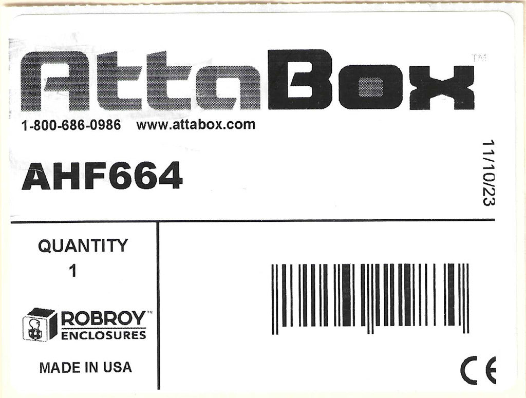 AttaBox Heartland series enclosure, NEMA 1/3R/4/4X/12, 6 x 6 x 4in (HxWxD), wall mount, polycarbonate, Pantone 7541 C light gray, single-door, polycarbonate quick-release latch.-AHF664