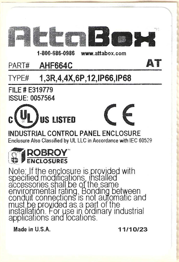 AttaBox Heartland series enclosure, NEMA 1/3R/4/4X/12, 6 x 6 x 4in (HxWxD), wall mount, polycarbonate, Pantone 7541 C light gray, smoked polycarbonate single-door, polycarbonate quick-release latch.-AHF664C
