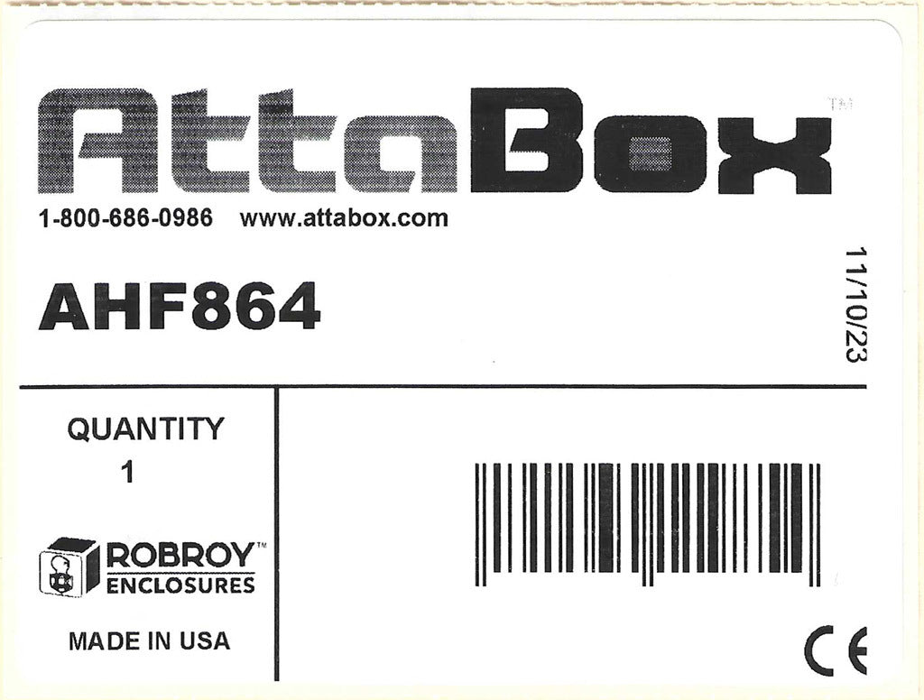 AttaBox Heartland series enclosure, NEMA 1/3R/4/4X/12, 8 x 6 x 4in (HxWxD), wall mount, polycarbonate, Pantone 7541 C light gray, single-door, polycarbonate quick-release latch.-AHF864