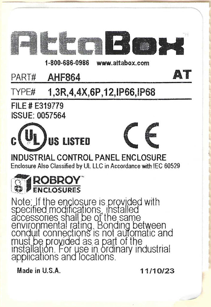 AttaBox Heartland series enclosure, NEMA 1/3R/4/4X/12, 8 x 6 x 4in (HxWxD), wall mount, polycarbonate, Pantone 7541 C light gray, single-door, polycarbonate quick-release latch.-AHF864