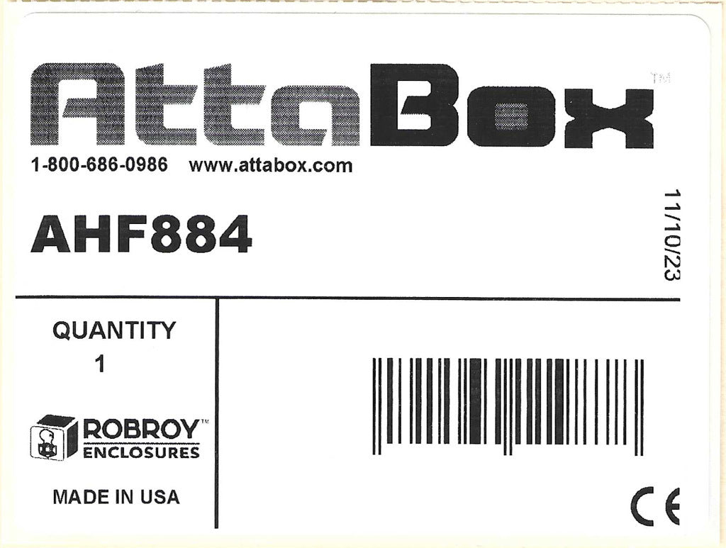 AttaBox Heartland series enclosure, NEMA 1/3R/4/4X/12, 8 x 8 x 4in (HxWxD), wall mount, polycarbonate, Pantone 7541 C light gray, single-door, polycarbonate quick-release latch.-AHF884